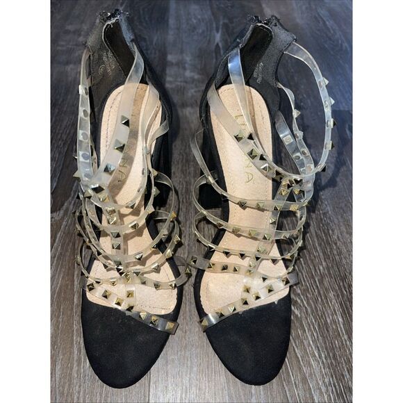 Liliana Crush Size 8‎ Black Suede Gold Strappy Chunky Heel  , S-101 - Picture 1 of 7
